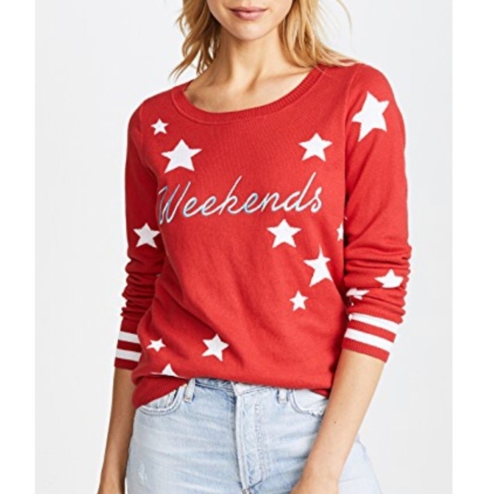 Chaser Red and White Stars Weekend Cashmere Cotton Blend Crewneck Sweater - Sz S
